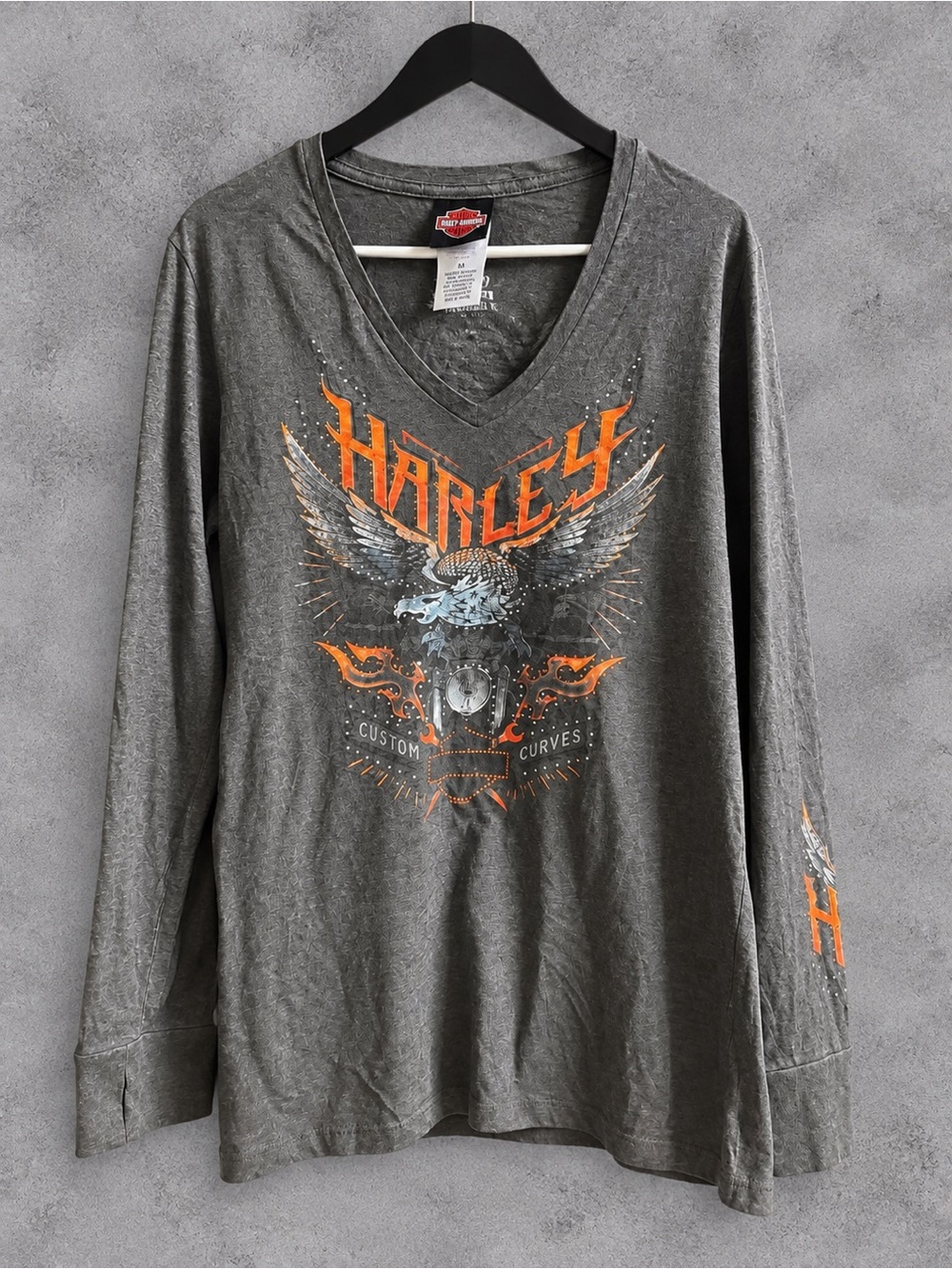 Harley-Davidson Charcoal V-Neck Long Sleeve Tee with Orange Graphic